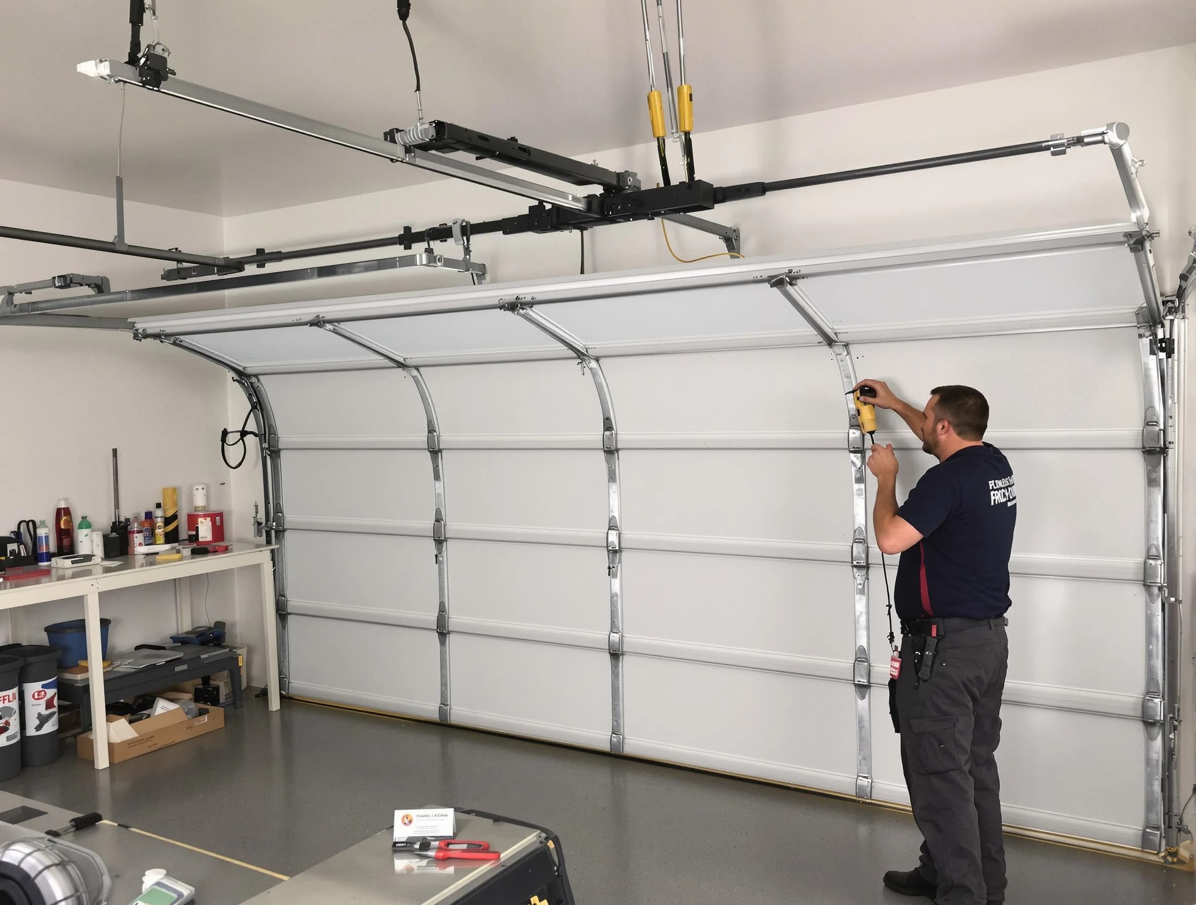 Blackstone Garage Door Repair certified technician performing overhead door system repair in Blackstone