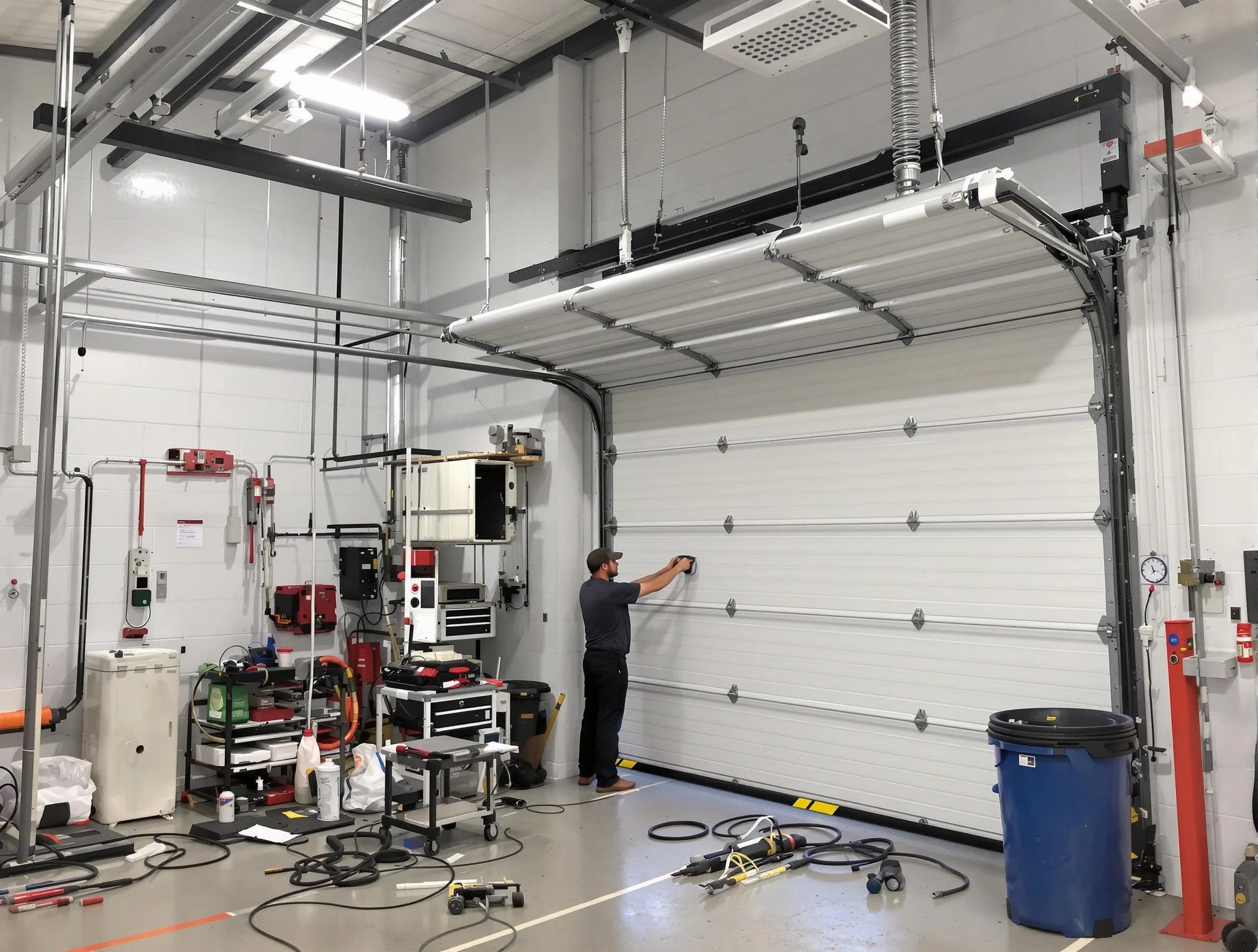 Blackstone Garage Door Repair certified technician performing commercial door repair at a Blackstone business facility