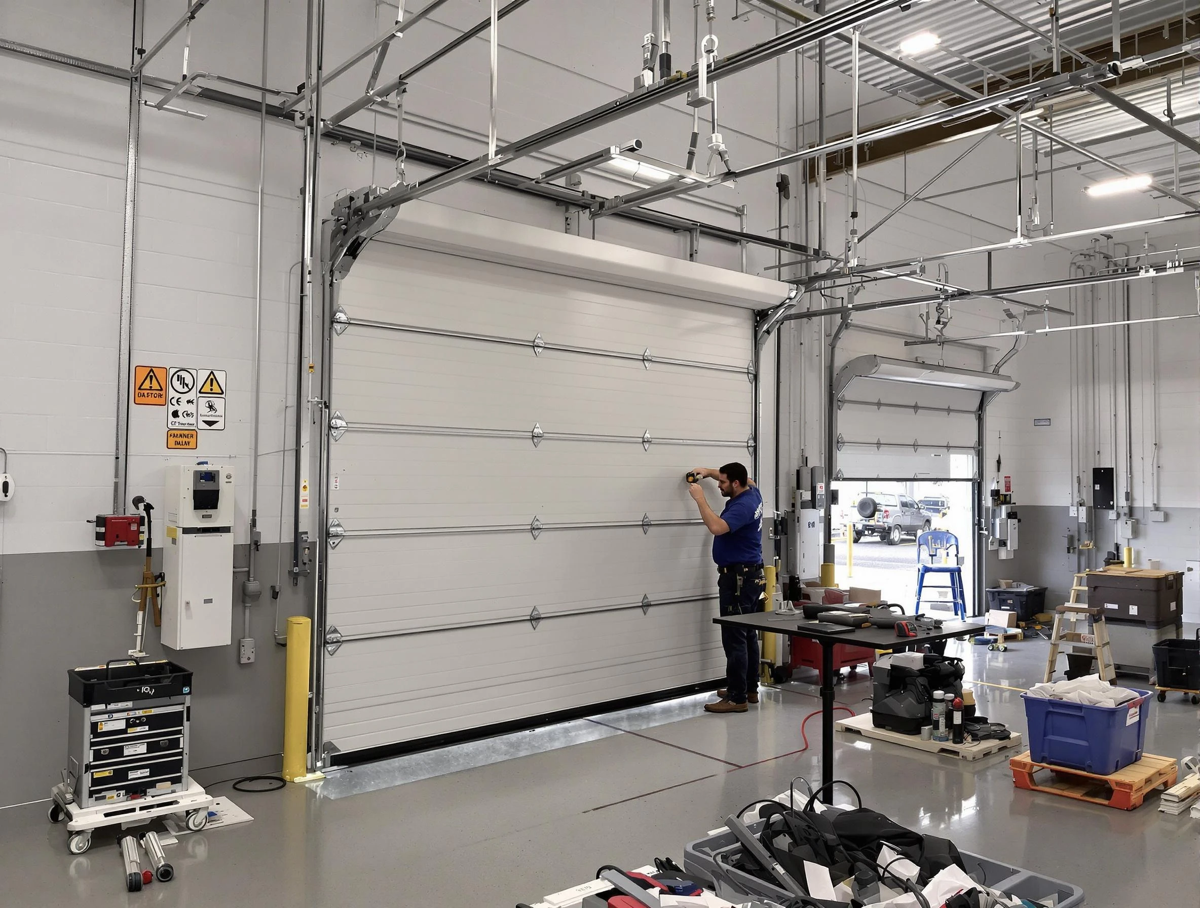 Commercial garage door repair being performed by Blackstone Garage Door Repair expert in Blackstone