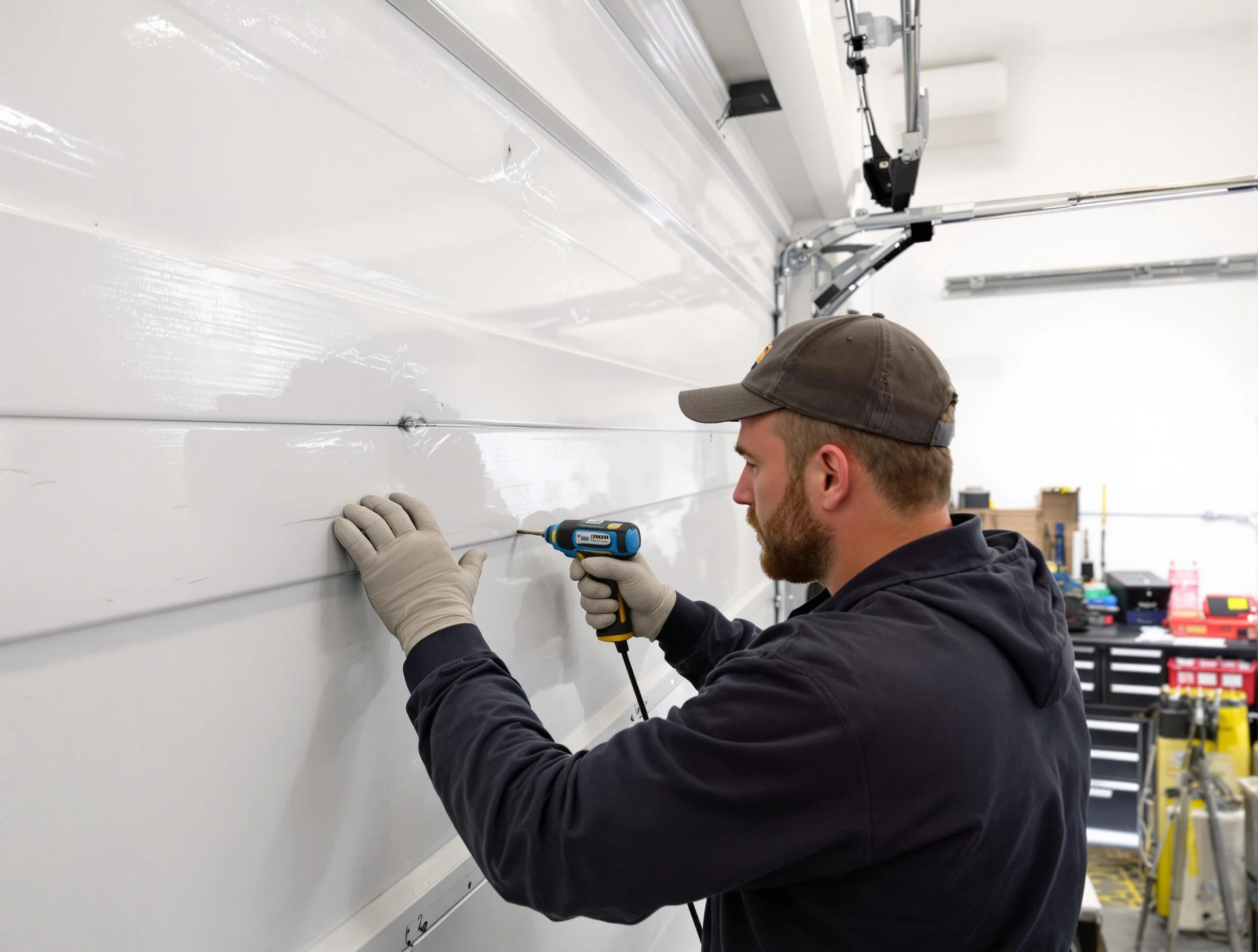 Blackstone Garage Door Repair technician demonstrating precision dent removal techniques on a Blackstone garage door